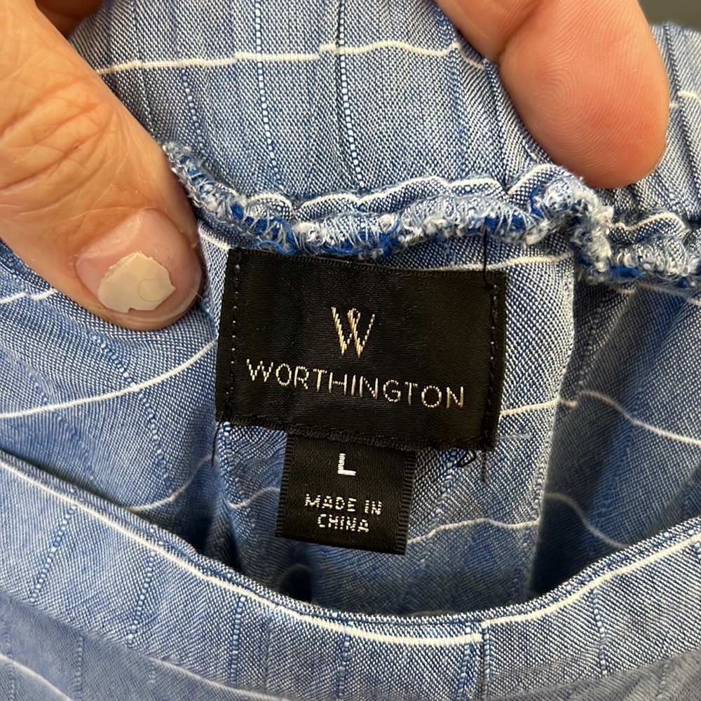 {Worthington}Sz L Blue w/White Pinstripe Off Shoulder Blouse - Picture 6 of 6